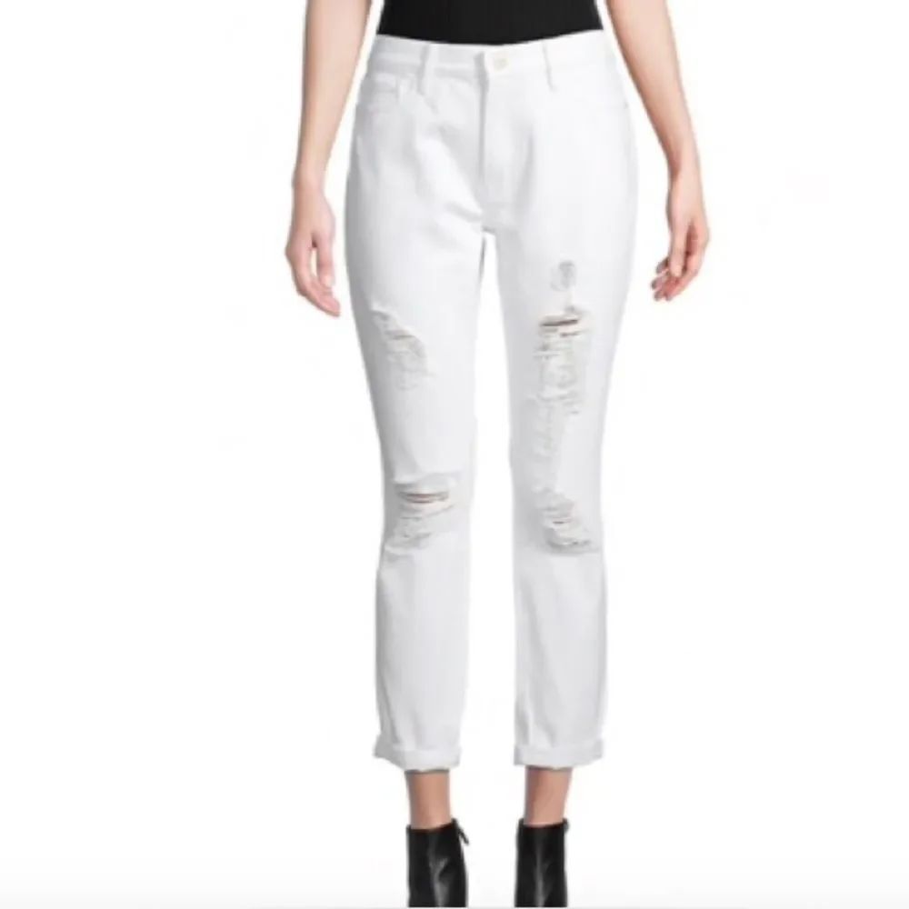 Brand New FRAME Denim Le Garçon Mid Rise Straight Fit White Distressed Jeans